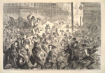 The Great Fire in Chicago: Panic-stricken Citizens Rushing Past the Sherman House, Carrying the Aged, Sick and Helpless, and Endeavoring to Save Family Treasures; from Frank Leslie's Illustrated Newspaper, October 28, 1871 (ichi-20909)