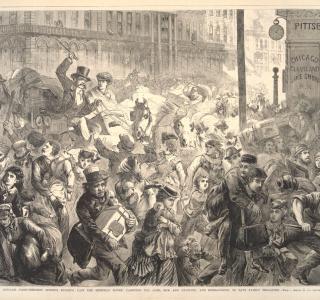 The Great Fire in Chicago: Panic-stricken Citizens Rushing Past the Sherman House, Carrying the Aged, Sick and Helpless, and Endeavoring to Save Family Treasures; from Frank Leslie's Illustrated Newspaper, October 28, 1871 (ichi-20909)