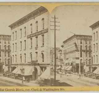 First Methodist Episcopal Church Block before the Fire; Lovejoy & Foster, Stereograph, ca. 1871 (ichi-22330)