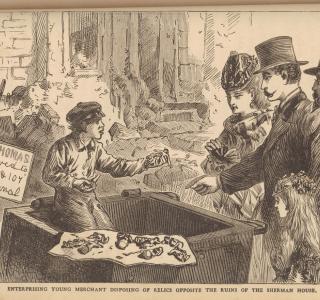Enterprising Young Merchant Disposing of Relics Opposite the Ruins of the Sherman House; from E. J. Goodspeed, History of Great Fires in Chicago and the West, 1871 (ichi-63818)