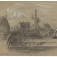 "West Side from Lake St. Bridge Chicago"; Alfred R. Waud, Pencil and Chalk Drawing, 1871 (ichi-02979)