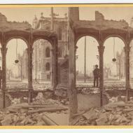 Among the Ruins in Chicago: Court House Seen Through Ruins of East Side of Clark Street; G. N. Barnard, Stereograph, 1871 (ichi-21546)