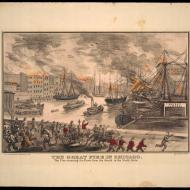 The Great Fire in Chicago: The Fire Crossing the River from the South to the North Side; Kellogg & Bulkeley, Lithograph, ca. 1872 (ichi-39266)