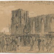 "Preaching at the Methodist church cor. of LaSalle St. and Chicago Avenue Sunday Oct 15th"; Alfred R. Waud, Pencil and Chalk Drawing, 1871 (ichi-64139)