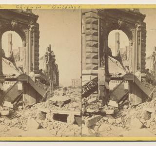 Ruins of the Bryan Block, Northwest Corner of Monroe and LaSalle; G. N. Barnard, Stereograph, 1871 (ichi-21542)