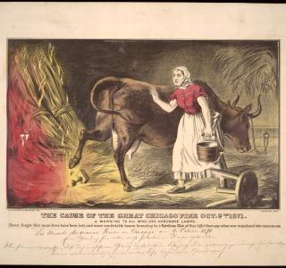 The Cause of the Great Chicago Fire Oct. 9th 1871; Kellogg & Buckeley, Lithograph, ca. 1872 (ichi-34703)