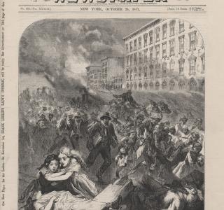 The Terrified Populace in Front of the Briggs House; from Frank Leslie's Illustrated Newspaper, October 28, 1871 (ichi-63136)