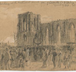 "Preaching at the Methodist church cor. of LaSalle St. and Chicago Avenue Sunday Oct 15th"; Alfred R. Waud, Pencil and Chalk Drawing, 1871 (ichi-64139)